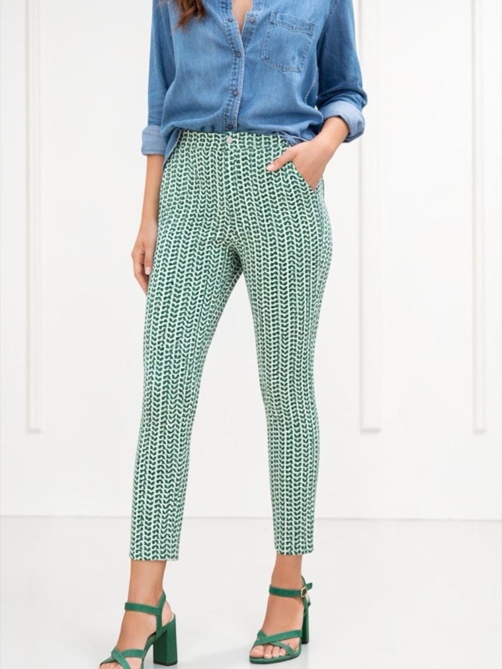 Any Day Green White Print High Rise Skinny Ankle Pants Size 10R Stretch NWT